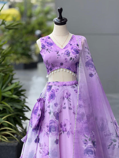 Party Wear Lehenga Choli – Violet Pure Organza | Anarkalion