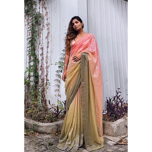 Beautiful Multi colour Embroidery Sequance Work Pary Wear Saree