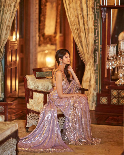 Light Pink Georgette With Double Sequence Embroidery Work Saree