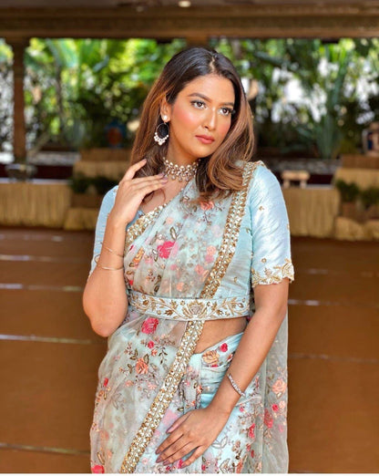 Aqua Sky Blue Organza Silk Multi Embroidery Work Saree