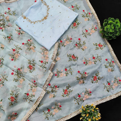 Aqua Sky Blue Organza Silk Multi Embroidery Work Saree