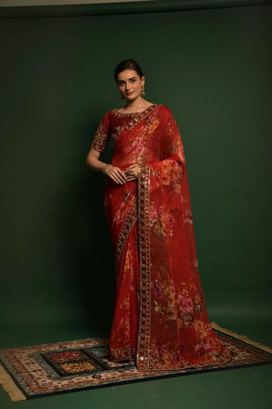Maroon Color Flower Printed Designer Georgette Saree
