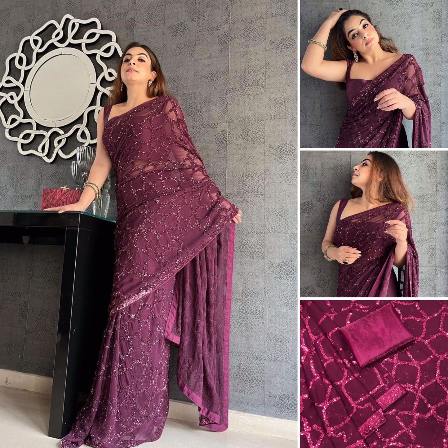 Purple Georgette Saree with Embroidery and Satin Blouse