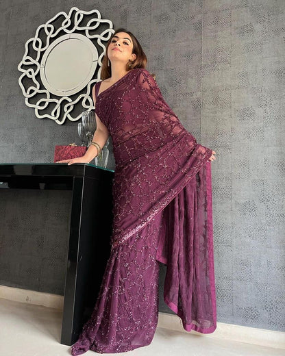Purple Georgette Saree with Embroidery and Satin Blouse