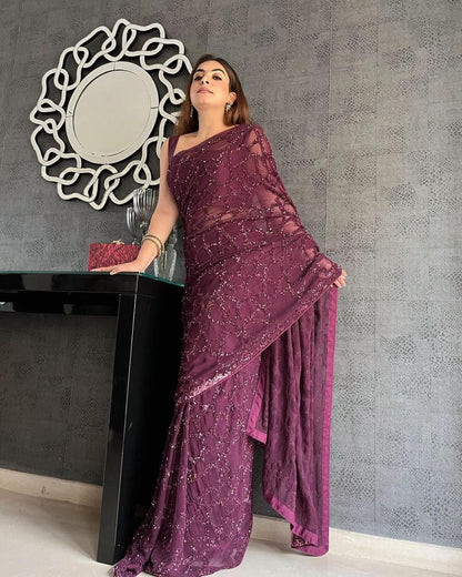 Purple Georgette Saree with Embroidery and Satin Blouse