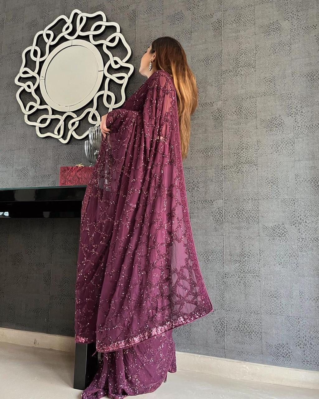 Purple Georgette Saree with Embroidery and Satin Blouse
