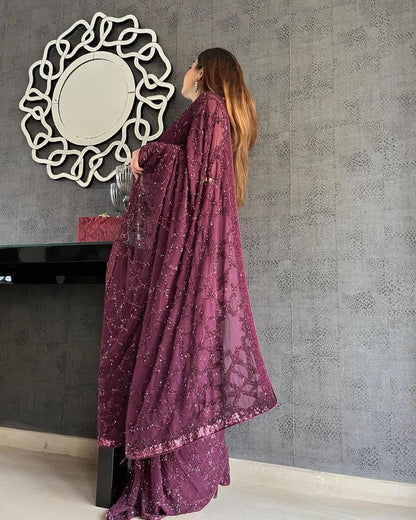 Purple Georgette Saree with Embroidery and Satin Blouse