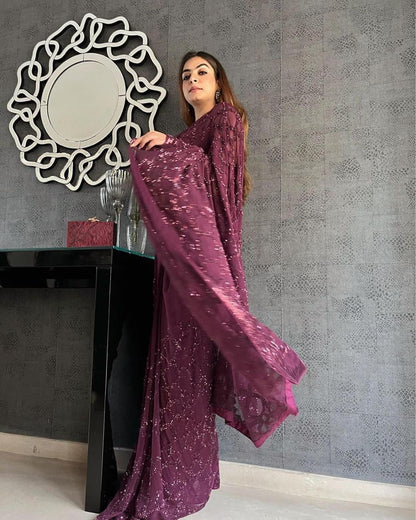 Purple Georgette Saree with Embroidery and Satin Blouse