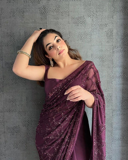 Purple Georgette Saree with Embroidery and Satin Blouse