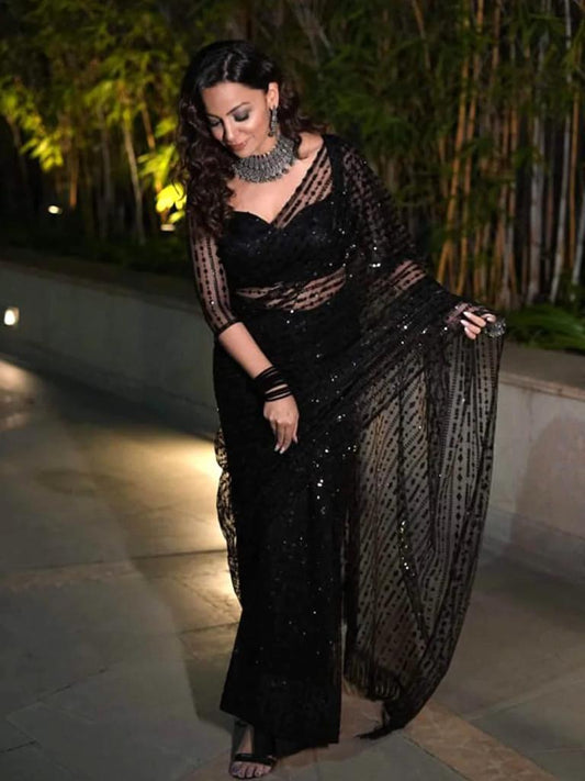Black Color High Quality mono net Saree with Heavy Embroidery