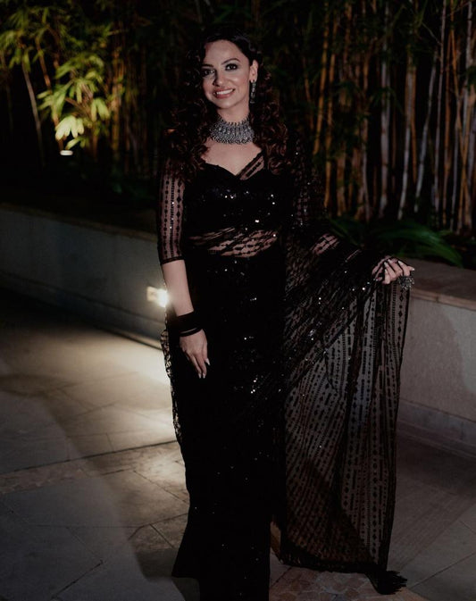 Black Color High Quality mono net Saree with Heavy Embroidery
