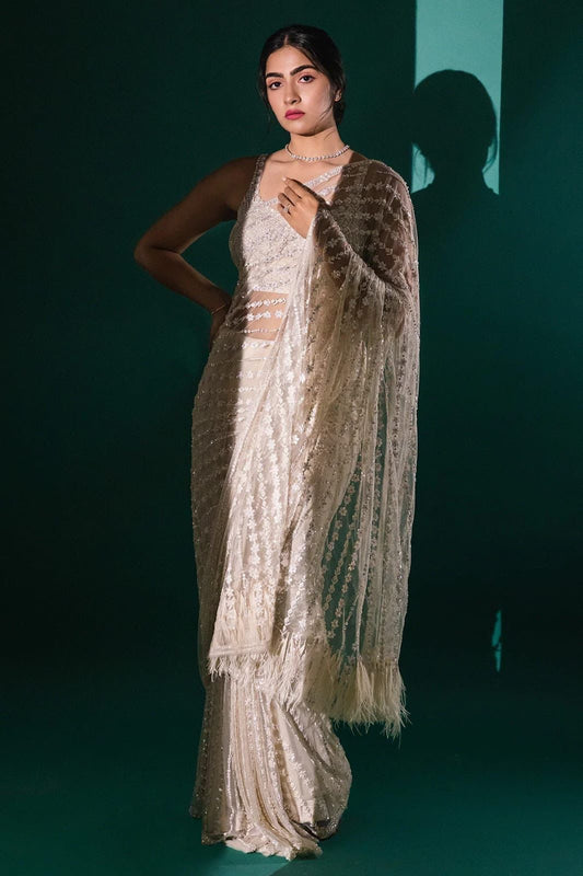 White Mono Net Saree with Zalar and Sequence Work Blouse