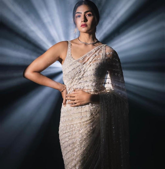 White Mono Net Saree with Zalar and Sequence Work Blouse
