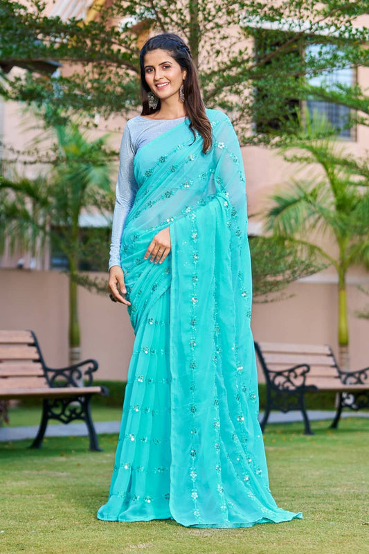 Sky blue Color Georgette Embroidery Work Saree