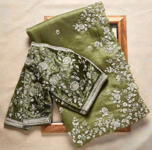 Green Color Embroidery Work Organza Saree