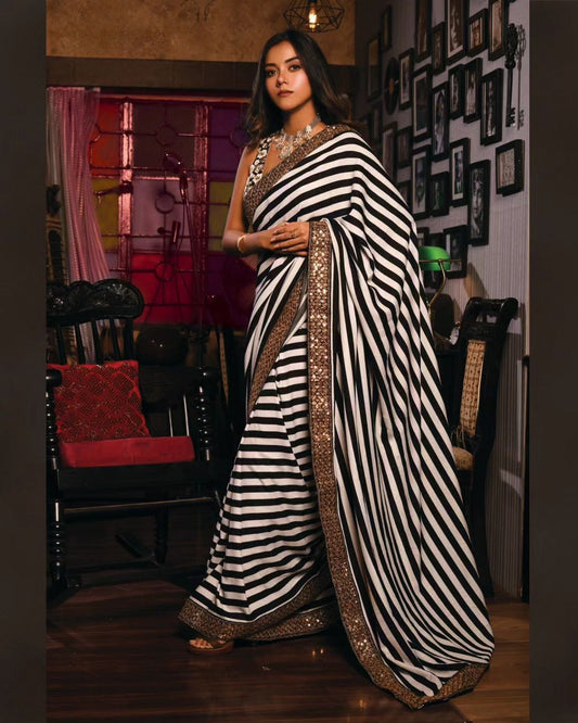 Black And White Color Printed Georgette Saree