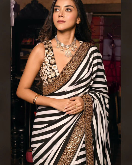 Black And White Color Printed Georgette Saree