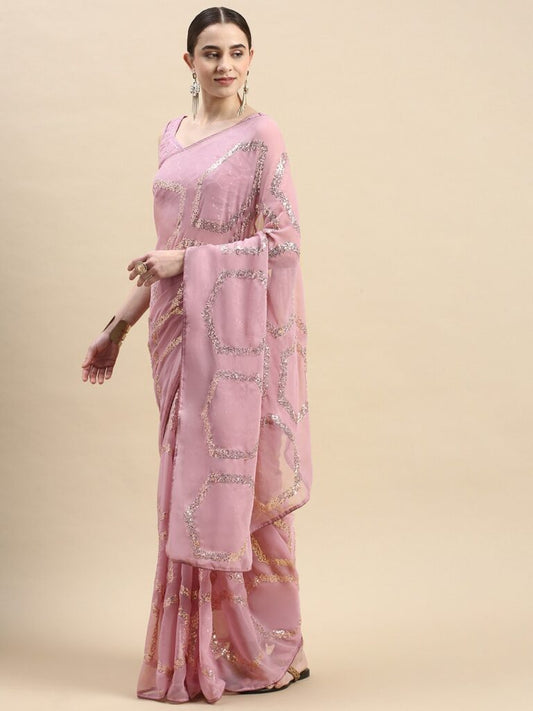 Pink Color Sequence Work Georgette Saree