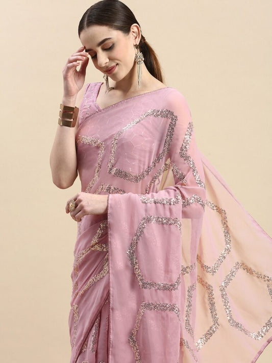 Pink Color Sequence Work Georgette Saree