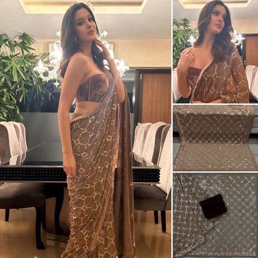 Brown Color Georgette Embroidery Sequence Work Saree