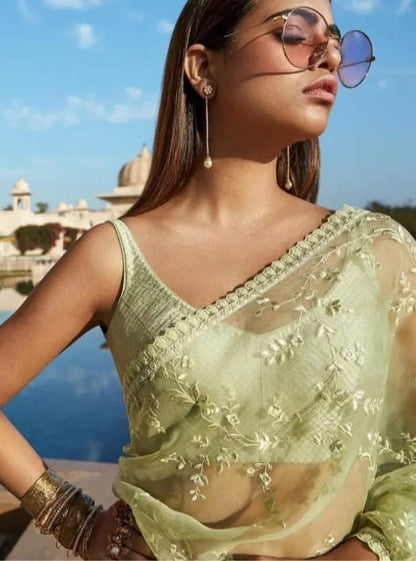 Party Wear Pista Color Organza Saree