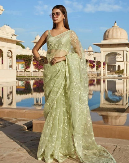 Party Wear Pista Color Organza Saree