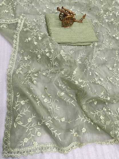 Party Wear Pista Color Organza Saree