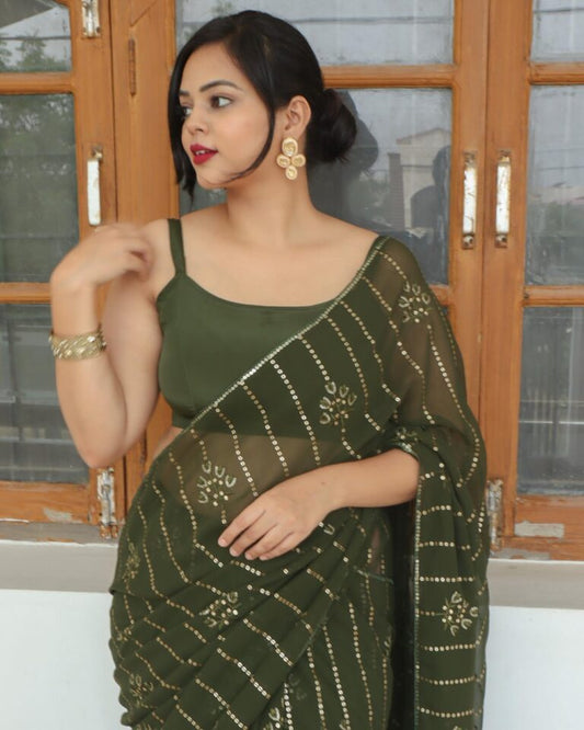 Stunning Green Color Georgette Sequence Saree