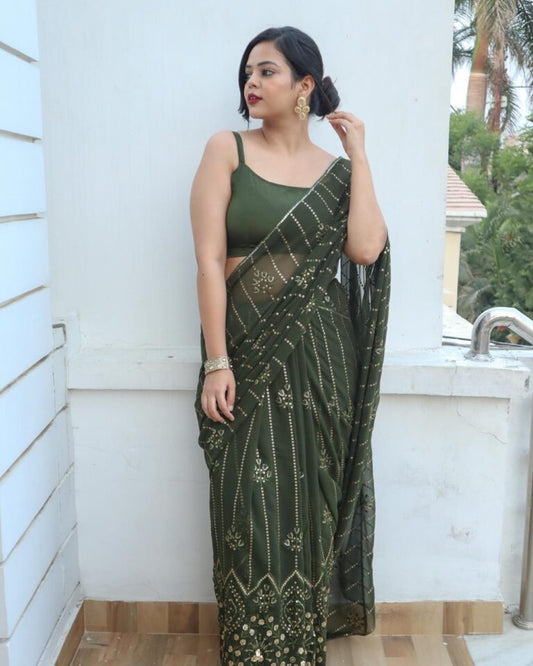 Stunning Green Color Georgette Sequence Saree