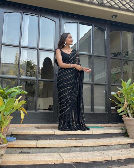Stunning Black Color Georgette Sequence Saree