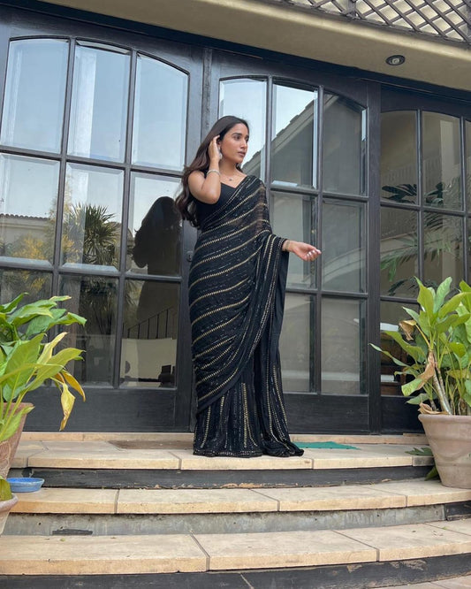 Stunning Black Color Georgette Sequence Saree