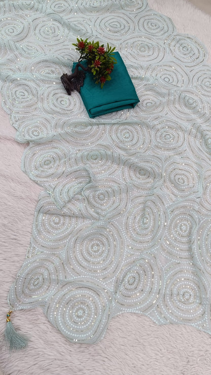 Amazing Sky blue Georgette Sequence Work Saree