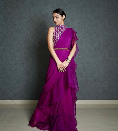 Purple Ruffled Pre-Stitched Ready to Wear Saree
