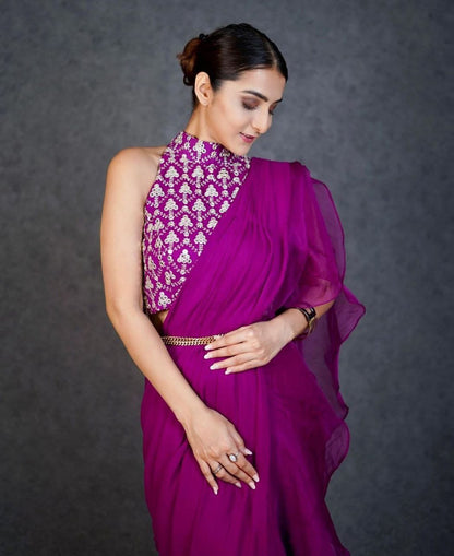 Purple Ruffled Pre-Stitched Ready to Wear Saree