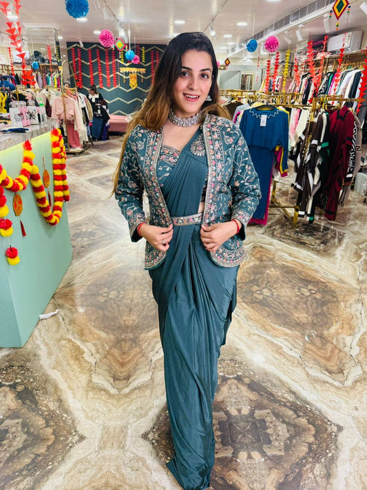 Unique Ready To Wear Satin Silk Saree Stitched Blouse & Koti (Teal)