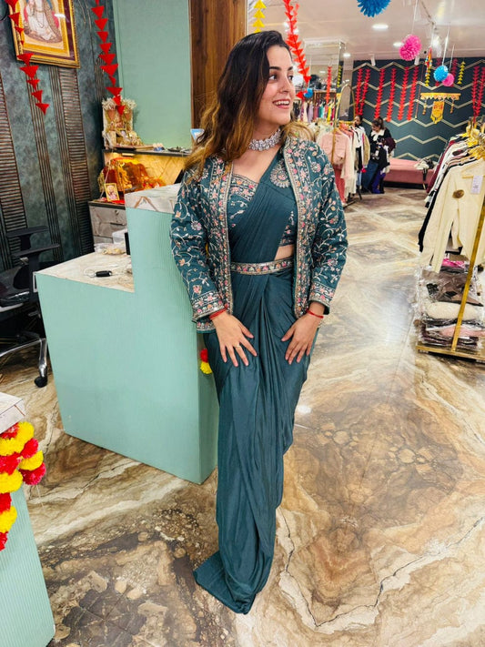 Unique Ready To Wear Satin Silk Saree Stitched Blouse & Koti (Teal)
