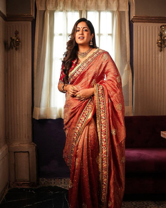 Bridal Wear Red and Pink Dual Tone Banarasi Crushed Designer Saree