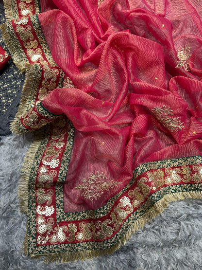 Bridal Wear Red and Pink Dual Tone Banarasi Crushed Designer Saree