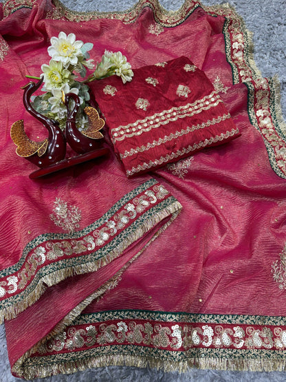 Bridal Wear Red and Pink Dual Tone Banarasi Crushed Designer Saree