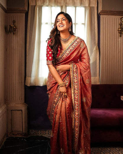 Bridal Wear Red and Pink Dual Tone Banarasi Crushed Designer Saree