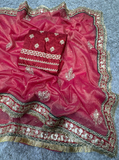 Bridal Wear Red and Pink Dual Tone Banarasi Crushed Designer Saree