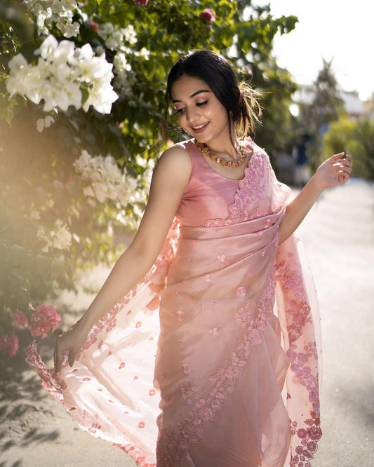 Designer Pink Color Organza Silk Party Wear Saree