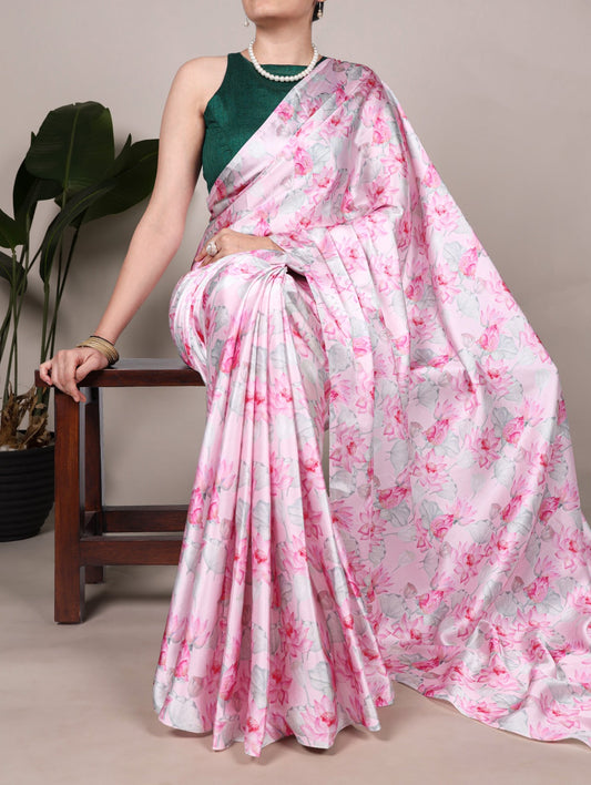 Beautiful Light Pink Color Satin Silk Floral Printe Saree