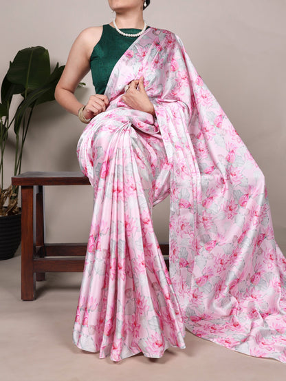 Beautiful Light Pink Color Satin Silk Floral Printe Saree