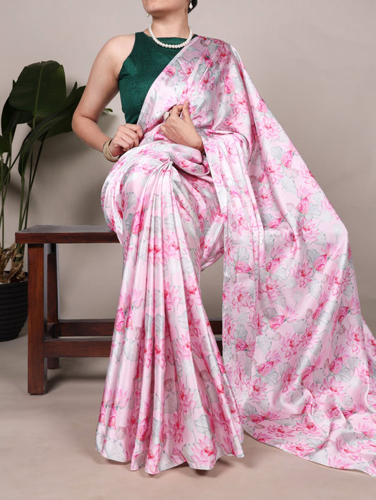 Beautiful Light Pink Color Satin Silk Floral Printe Saree