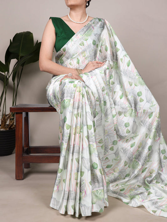 Beautiful Green Color Satin Silk Floral Printe Saree