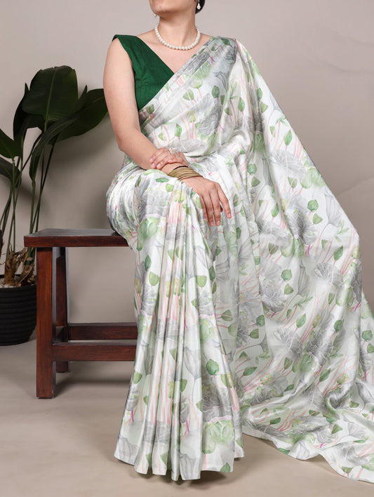 Beautiful Green Color Satin Silk Floral Printe Saree