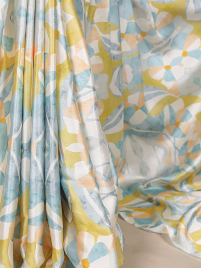 Beautiful Light Yellow Color Satin Silk Floral Printe Saree