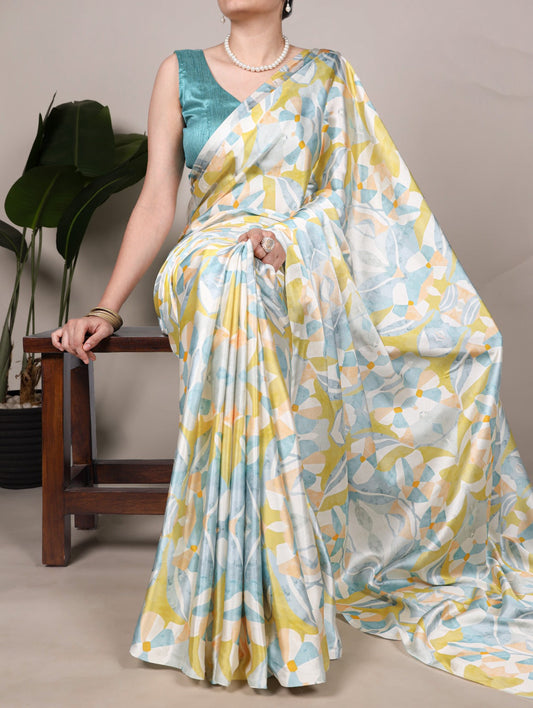 Beautiful Light Yellow Color Satin Silk Floral Printe Saree