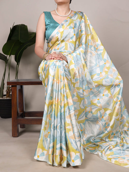 Beautiful Light Yellow Color Satin Silk Floral Printe Saree